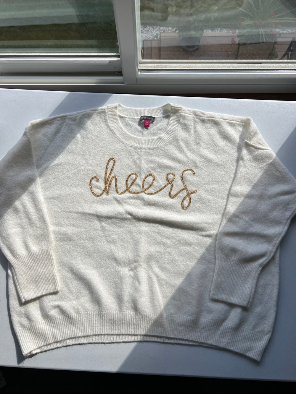 Vince Camuto Cream Crewneck Sweater with Gold 'Cheers' Script